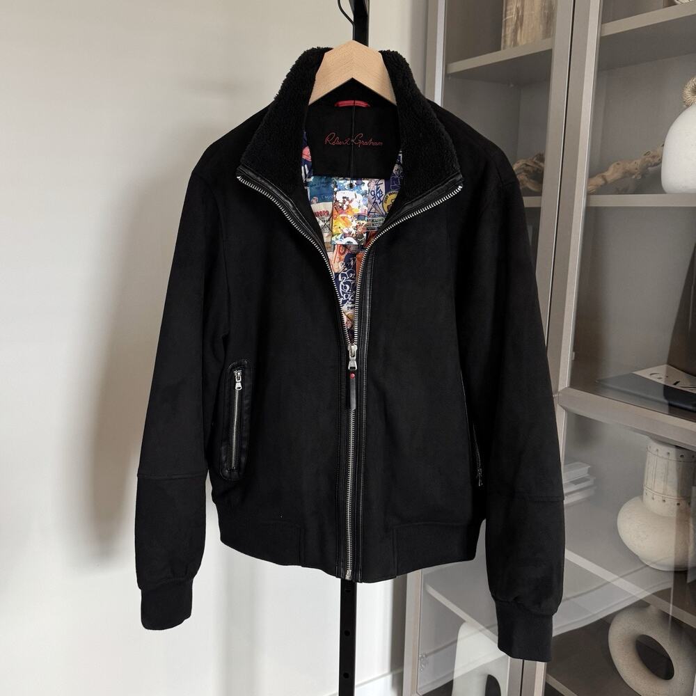 Robert Graham Vegan Suede Insulated Zip Up Black Bomber Jacket Medium NEW Sherpa